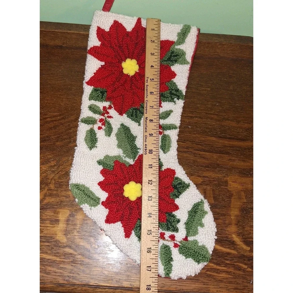 Hook Knit Felt Holly Pom Poinsettia Christmas Stockings Set 2 Botanical Noel
